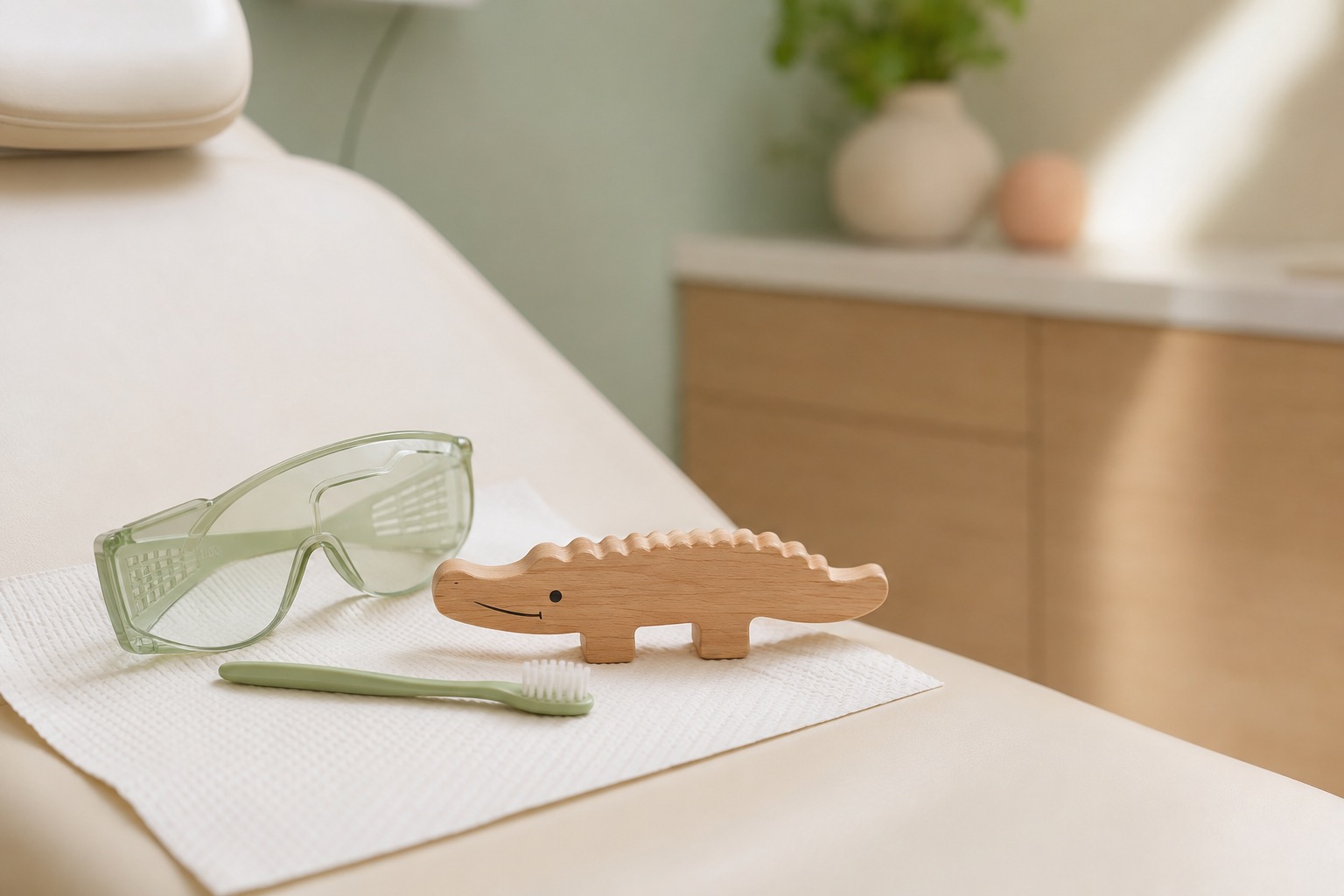 A dentist crouched to a child's eye level, warm and unposed