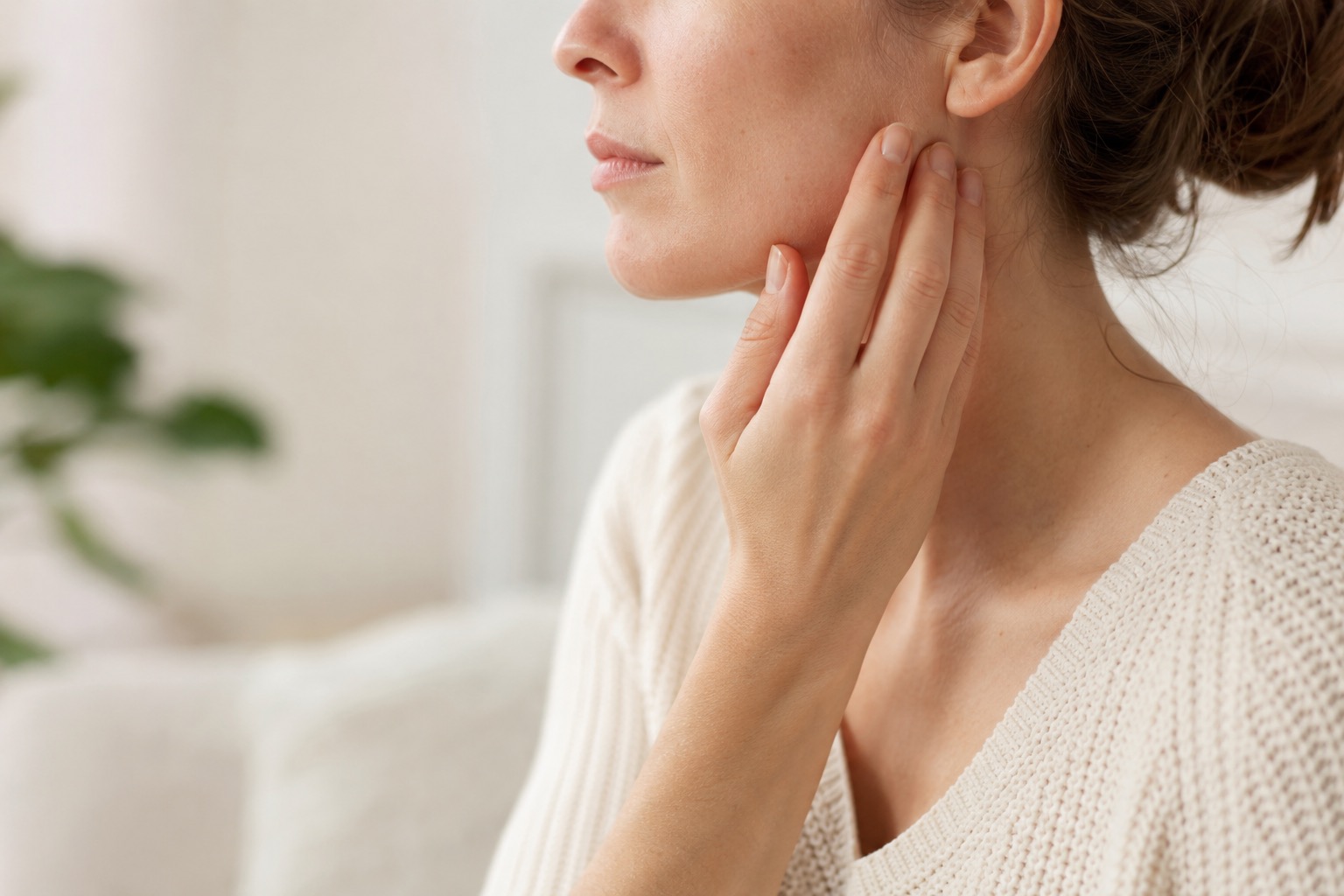 A dentist listening to a patient describe jaw pain, calm consultation setting