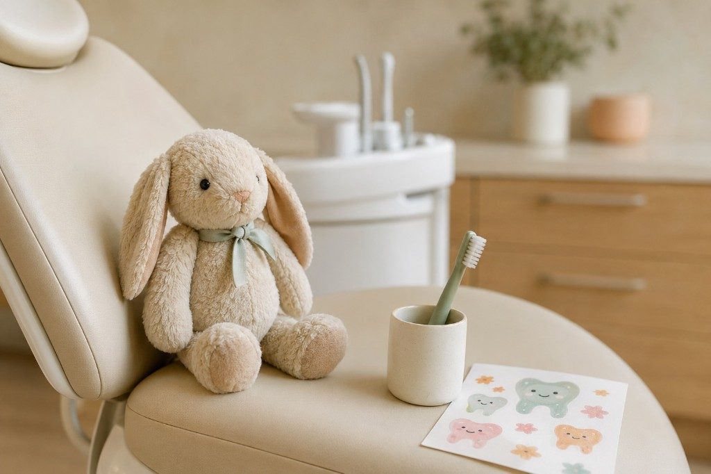 A plush bunny on a dental chair with a toothbrush and stickers