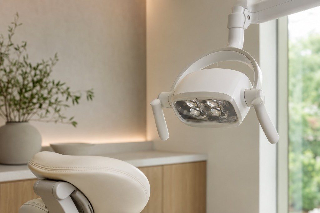 Soft dental operatory light above a cream chair