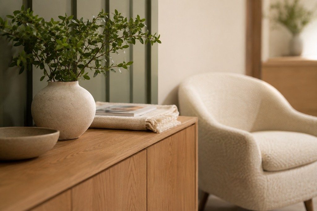Calm reception corner with a cream armchair and warm wood accents